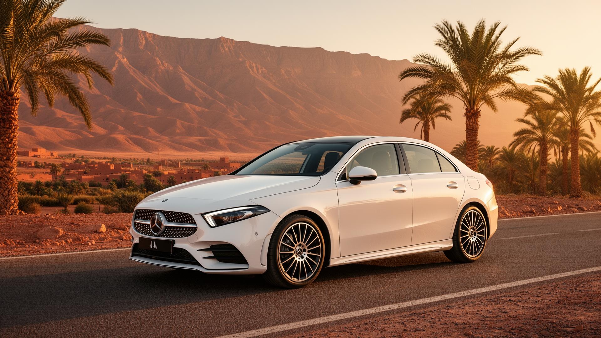Mercedes Classe A de location sur une route au Maroc - service premium de mobilité à Rabat